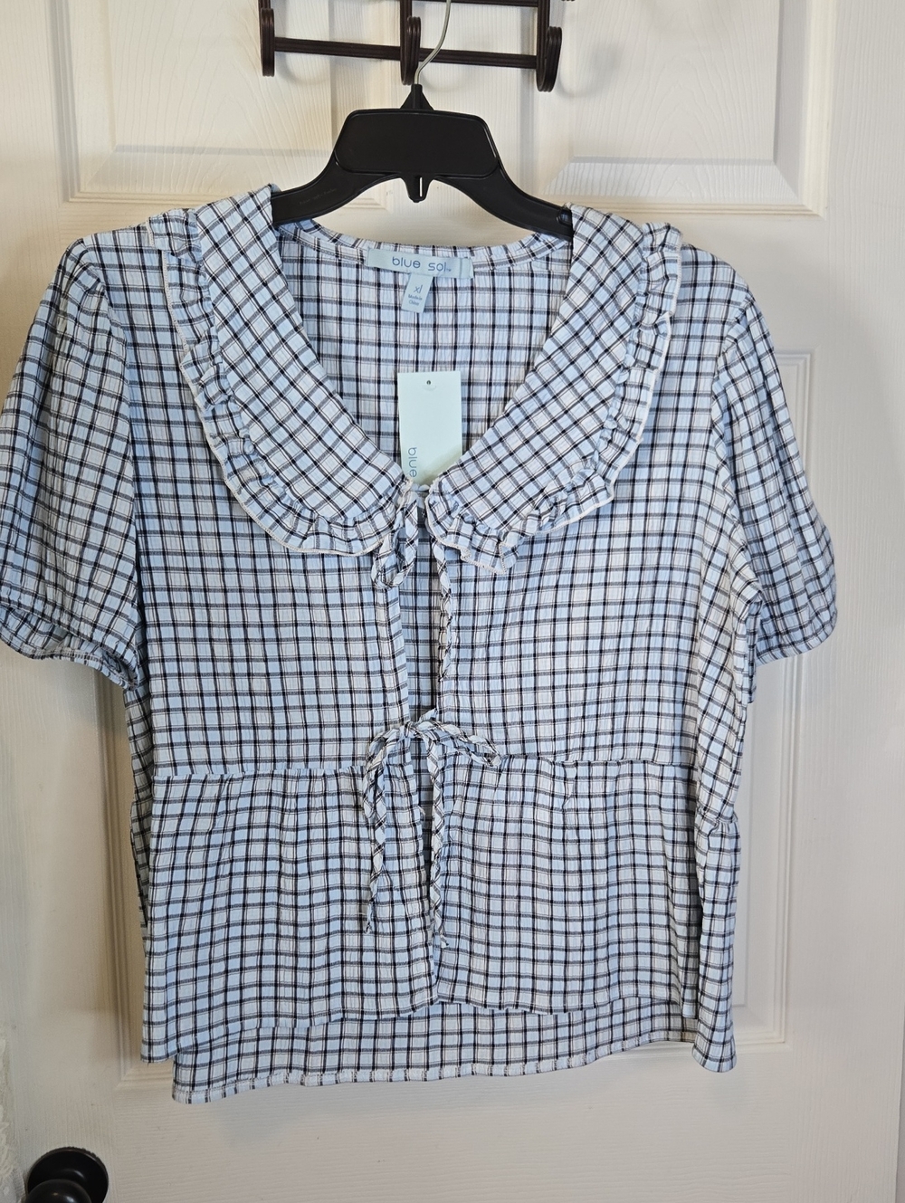 blue sol White and Black Plaid Ruffled Tie-Front Blouse